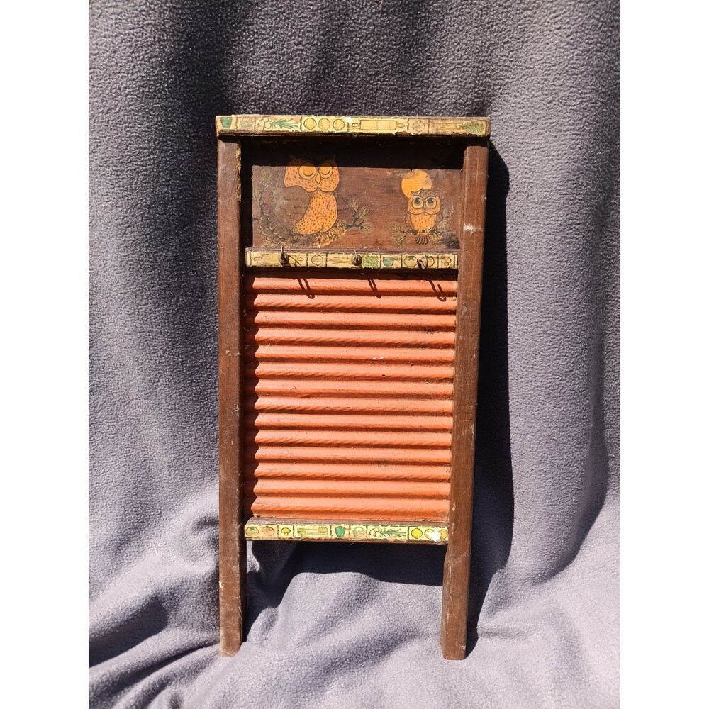 Folk Art Owl Washboard Key Rack Vintage Primitive Rustic Country Wall Décor - Picture 2 of 6